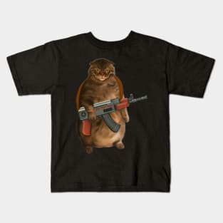 Fluffy Cat with gun Kids T-Shirt